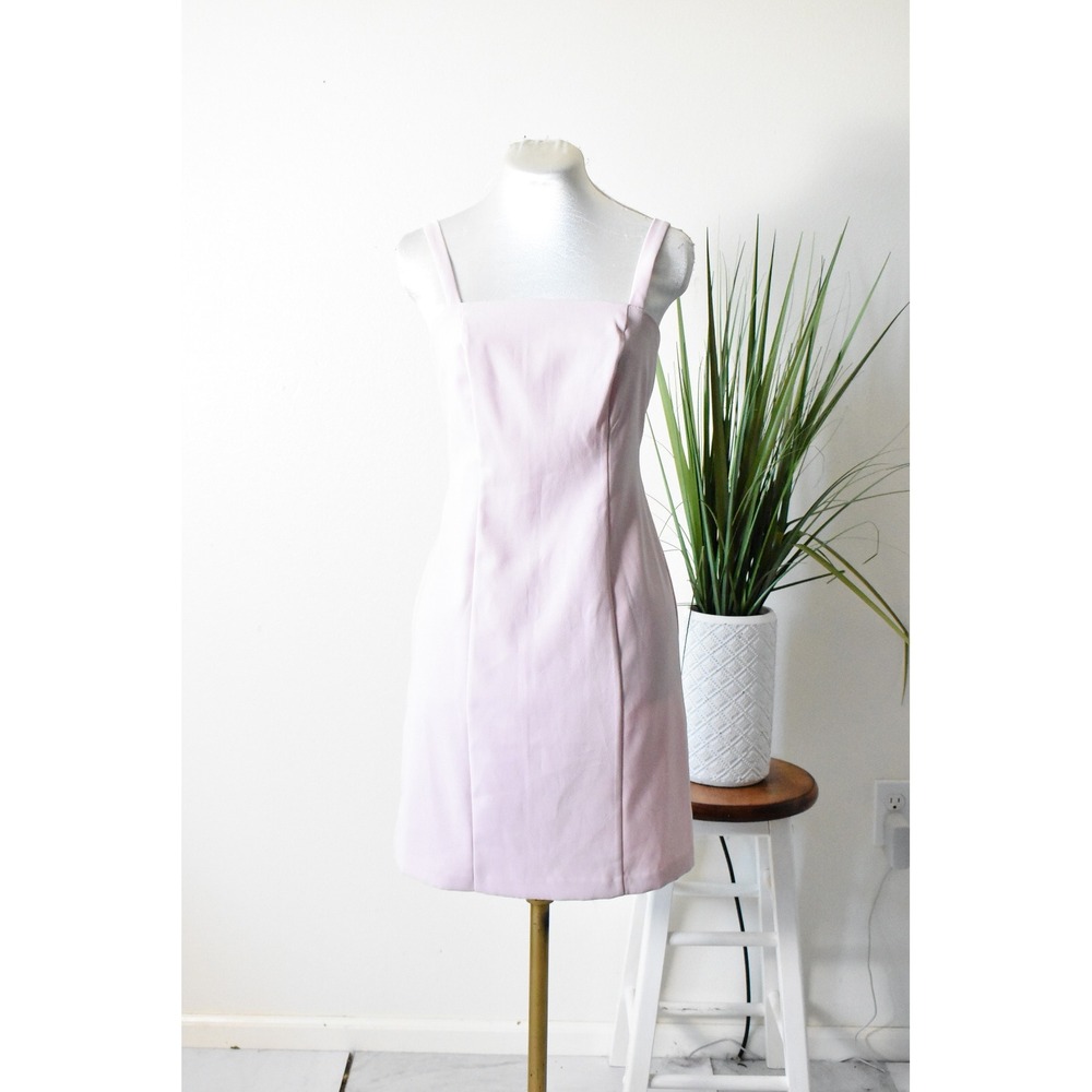 Vintage Mini Dress Women 3/4 Pink 90s Square Neck Sleeveless Bodycon Slit
